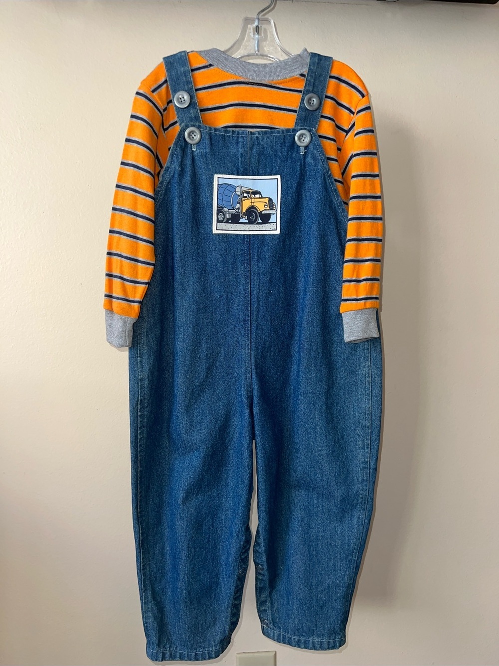 Vintage Kids Denim Overalls with Orange Striped Tee and Cement Mixer Graphic​